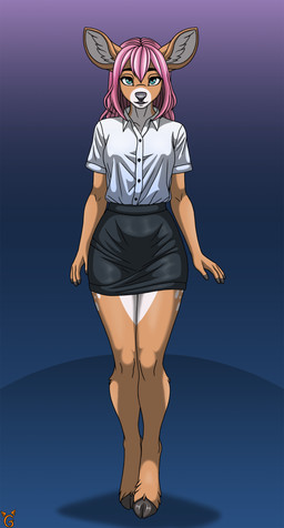 anthro bangs big_ears black_bottomwear black_clothing black_skirt blue_eyes bottomwear breasts clothed clothing collared_shirt female gradient_background hair inner_ear_fluff long_hair looking_at_viewer open_mouth pencil_skirt pink_hair shirt simple_background skirt small_breasts smile solo spots standing teeth topwear tuft walking white_clothing white_shirt white_topwear wide_hips iginger jenny_(iginger) deer mammal 2025 digital_media_(artwork) full-length_portrait hi_res portrait