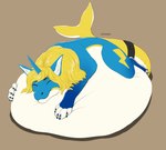 ambiguous_gender belly big_belly blonde_mane blue_body blue_horn eyes_closed feral horn huge_belly lying mane markings mouth_closed on_front solo tail vore white_body white_tail yellow_markings yellow_tail roobin species_request 2021 artist_name