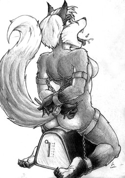 4_fingers anthro bdsm biped bondage bound chain female fingers hands_behind_back lock lockpick lockpicking nude open_mouth padlock sex_toy solo submissive submissive_anthro sybian teeth tongue tongue_out gearlock canid canine fox mammal 2022 hi_res monochrome traditional_media_(artwork)