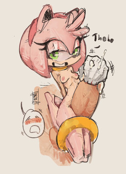 accessory anthro blush bodily_fluids breasts clothing cum drooling duo ejaculation feet female genital_fluids genitals gloves green_eyes grin hair_accessory hairband hand_on_penis handwear male male/female nipples nude nude_female penis pink_body ring saliva smile tail teasing imnotkitsune sega sonic_the_hedgehog_(series) amy_rose eulipotyphlan hedgehog mammal hi_res