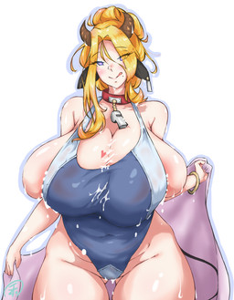 blonde_hair bodily_fluids clothing collar ear_piercing ear_tag female hair lactating lactating_through_clothing leotard overflowing_breasts piercing solo wet wet_clothing whistle_(object) he_jun animal_humanoid bovid bovid_humanoid bovine bovine_humanoid humanoid mammal mammal_humanoid character_request