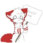 anthro bodily_fluids cheek_tuft chest_tuft conversational_sign crotch_tuft facial_tuft fur head_tuft help_me holding_object holding_sign inner_ear_fluff male multicolored_body multicolored_fur red_body red_fur red_stripes sign signpost simple_background solo striped_body striped_fur stripes tears text tuft white_background white_body white_fur white_inner_ear wide_eyed chano canid canine canis mammal 1:1 english_text