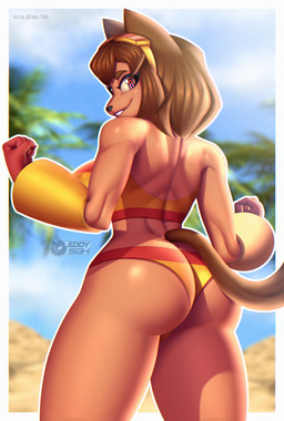 anthro back_groove beach big_breasts big_butt bikini breasts brown_body brown_hair butt clothing eyebrows eyelashes eyewear eyewear_on_head female glistening glistening_body glistening_butt goggles goggles_on_head hair looking_back magenta_eyes side_boob smile solo swimwear two-piece_swimsuit eddysgh gameoverse glitch_productions kit_bodega domestic_cat felid feline felis mammal 2026 absurd_res hi_res