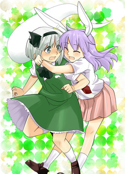 :d blush bottomwear clothed clothed_female clothed_humanoid clothing dress eyes_closed female green_clothing green_dress grey_eyes group hair hug hugging_another hugging_from_behind necktie open_mouth open_smile pink_bottomwear pink_clothing pink_skirt purple_hair red_necktie shirt short_sleeves skirt smile tail topwear trio white_clothing white_ears white_hair white_shirt white_tail white_topwear koyama_shigeru touhou reisen_udongein_inaba youmu_konpaku youmu_konpaku_(ghost) animal_humanoid ghost human humanoid lagomorph lagomorph_humanoid leporid_humanoid mammal mammal_humanoid rabbit_humanoid spirit 2010