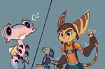 ambiguous_gender angry anthro clothed clothing daisy_(time_fluffy500) feral fur group headgear hi_res lombax male mammal pink_body pink_nose pupils ratchet_(ratchet_and_clank) ratchet_and_clank red_pupils sony_corporation sony_interactive_entertainment tail thin_tail time_fluffy500 tools trio wrench yellow_body yellow_fur