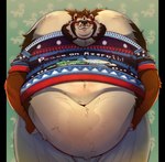 anthro belly blush clothed clothing fur hair looking_at_viewer male obese obese_male overweight overweight_male simple_background smile solo tail teeth tigertimeworks koda_(legendofkota) mammal mephitid skunk digital_media_(artwork) hi_res