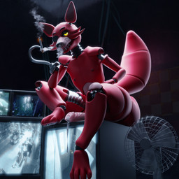 4_toes animal_genitalia animal_penis anthro balls big_balls big_penis bodily_fluids canine_genitalia canine_penis cigarette cigarette_smoke dark_nipples desk_fan dripping electronics eye_patch eyewear fan_(object) feet genital_fluids genitals glowing glowing_eyes half-closed_eyes holding_cigarette holding_object hook hook_hand huge_balls hyper hyper_balls hyper_genitalia looking_at_viewer machine male narrowed_eyes nipples nude_anthro nude_male office penis precum precum_drip sharp_teeth sitting smoke smoke_from_mouth smoking smoking_cigarette solo tail teeth television thick_thighs toes yellow_eyes stopcallingmeafurry_(artist) akkoarcade_(modeler) five_nights_at_freddy's scottgames foxy_(fnaf) animatronic canid canine fox mammal robot robot_anthro 1:1 3d_(artwork) digital_media_(artwork) hi_res