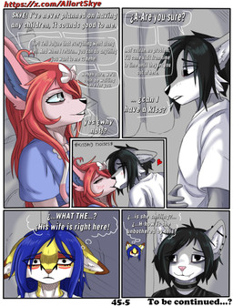 anthro blue_eyes blue_hair brown_body brown_fur dialogue duo female fur grey_body grey_fur hair male male/female pink_body pink_fur pink_hair text white_body white_fur yellow_body yellow_fur allartskye nintendo pokemon arely_(allartskye) evelyne_(allartskye) skye_(allartskye) sylvie_(allartskye) canid canine canis domestic_cat eeveelution felid feline felis fennec_fox fox generation_6_pokemon mammal pokemon_(species) sylveon true_fox wolf comic english_text hi_res url