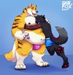 anthro arms_around_partner belly belly_grab belly_to_belly big_belly bulge canid canine clothing duo embrace facial_piercing fox hi_res hug jumping male male/male mammal navel nipples nose_piercing open_mouth overweight overweight_anthro overweight_male pawpads paws piercing size_difference skaifox smaller_male smile standing tail tattoo underwear