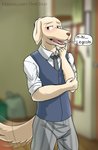 anthro beastars bird_dog blurred_background blush canid canine canis clothed clothing domestic_dog fangs floppy_ears fully_clothed hi_res hunting_dog jack_(beastars) labrador male mammal necktie retriever school_uniform solo speech_bubble tail tail_motion tailwag teeth text thekinkybear uniform
