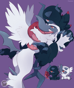 ambiguous_gender black_body black_claws black_fur butt chibi claws duo feral fur horn interlocked_fingers red_eyes white_body white_fur wings mochiri nintendo pokemon pokemon_legends_z-a generation_6_pokemon generation_9_pokemon mammal mega_absol mega_absol_z mega_evolution pokemon_(species) absurd_res hi_res multiple_images