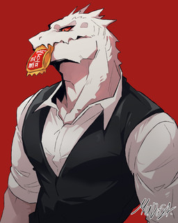 albino anthro black_clothing black_topwear black_vest bone_frill clothing collared_shirt creases frill_(anatomy) head_spikes layered_clothing looking_down male object_in_mouth pupils red_background red_sclera scales shirt short_sleeves simple_background slit_pupils solo spikes spikes_(anatomy) spots standing topwear vest white_body white_clothing white_scales white_shirt white_topwear wrapper mudosa_3_1 arknights hypergryph studio_montagne rangers_(arknights) lizard reptile savra_(arknights) scalie 2026 4:5 absurd_res colored digital_drawing_(artwork) digital_media_(artwork) hi_res shaded signature