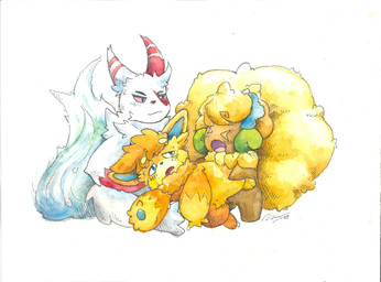 :3 >_< andromorph anthro bodily_fluids crossed_legs dyed_fur eyes_closed fluffy fluffy_tail group group_sex holding_partner intersex intersex/male leg_grab looking_at_another looking_at_partner looking_pleasured male male/male male_penetrated male_penetrating male_penetrating_male orgasm_face penetration penile penile_penetration penis_in_vagina resting_on_partner sex sweat tail thigh_grab threesome trio vaginal vaginal_penetration sunny_(artist) nintendo pokemon sunny_(sunny) generation_3_pokemon generation_5_pokemon generation_9_pokemon humanoid pawmot pokemon_(species) whimsicott zangoose absurd_res hatching_(art) hi_res painting_(artwork) shaded watercolor_(artwork)