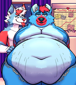 anthro belly blue_body blue_fur bodily_fluids duo fur male male/male navel overweight overweight_male red_body red_fur stretch_marks sweat tongue weight_gain blushysnoots jackcatarts cody_(codyyeen) aquatic fish hyena mammal shark artist_collaboration hi_res