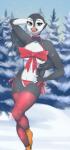 anthro areola beak breasts clothing feathers female looking_at_viewer non-mammal_breasts outside panties plant ribbons snow solo tree underwear miiyori pearl_(boolean) alcid atlantic_puffin avian bird lari puffin hi_res