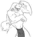 anthro balls bottomwear clothing elbow_fin fist flexing genitals gills loincloth male muscular muscular_anthro muscular_male navel open_mouth simple_background solo standing teeth white_background flookz fish marine shark hi_res monochrome