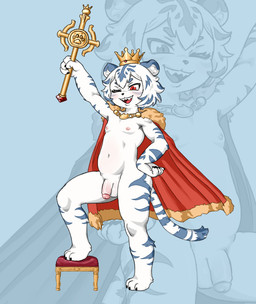 anthro balls bottomwear circumcised claws clothing crown digitigrade flaccid fur furniture genitals glans hair headgear kemono loincloth male mantle mostly_nude navel nipples one_eye_closed penis red_eyes scepter sharp_teeth simple_background smile solo stool striped_body striped_fur stripes teeth toe_claws white_body white_fur young young_anthro young_male hundsie vtuber azura_safir felid mammal pantherine tiger 2025 absurd_res digital_media_(artwork) hi_res
