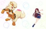 abstract_background ambiguous_gender bare_thighs black_stripes blue_clothing boots clothed clothing duo eyewear fangs female feral fetch fluffy footwear frisbee fur glasses light_body light_skin orange_body orange_fur paws playing ribbons shoes sparkles star stripes teeth tongue kurumierika nintendo pokemon rissy trainer_iris arcanine generation_1_pokemon human mammal pokemon_(species) 16:10 absurd_res hi_res widescreen