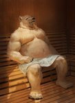 anthro balls barely_visible_balls barely_visible_genitalia belly bulge genitals inside male moobs overweight overweight_anthro overweight_male sitting solo towel towel_only racoonwolf bear mammal 2020