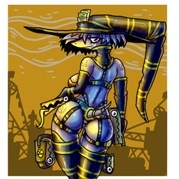 anthro arm_tattoo armor black_clothing book breasts butt butt_tattoo clothing facial_markings female frowning_at_viewer glistening glistening_body glistening_butt glistening_clothing gloves grey_body grey_hair hair handwear harness hat head_markings headgear headwear leather leather_armor leather_clothing leather_gloves leather_handwear leather_harness looking_at_viewer looking_back looking_back_at_viewer machine magic_user markings multicolored_clothing neckwear occult_symbol pentagram pentagram_tattoo rear_view short_tail side_boob solo symbol tail tattoo tongue tongue_out two_tone_clothing unconvincing_armor wide_hips witch witch_hat yellow_clothing zhmernalt animate_inanimate steamfalish_witch 1:1 2022 hi_res