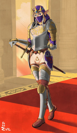 armor blonde_hair blonde_pubes blue_eyes boots bottomless brown_boots brown_clothing brown_footwear clothed clothing crown ear_piercing ear_ring eyelashes female footwear front_view genitals gloves hair handwear headgear humanoid_pointy_ears knight_armor looking_at_viewer mask melee_weapon mouth_mask not_furry piercing pointy_ears pubes purple_clothing purple_hood ring_piercing shoes solo sword tan_body tan_skin thick_thighs vulva weapon white_clothing white_gloves white_handwear wide_hips midevil nintendo the_legend_of_zelda princess_zelda humanoid hylian hi_res