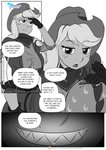 anthro anthrofied applejack_(mlp) bodily_fluids clothing comic dialogue dragon english_text equid equine female friendship_is_magic hasbro hi_res horse male mammal monochrome my_little_pony mythological_creature mythological_scalie mythology pia-sama pony scalie spike_(mlp) sweat text