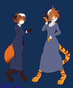 anthro barefoot black_body black_fur blue_eyes breasts clothing dress duo feet female fur gesture hand_gesture maid_uniform orange_body orange_fur pointing pointing_at_another standing stripes uniform yellow_eyes wolfie-pawz twokinds canid canine felid fox keidran mammal pantherine tiger 5:6 alpha_channel hi_res