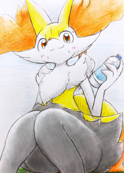 3_fingers :3 ambiguous_anthro ambiguous_gender anthro arm_tuft beverage big_tail biped black_body black_fur blush blush_lines bodily_fluids bottle cheek_tuft chest_tuft container dipstick_tail facial_tuft fingers flat_chested front_view fur hip_tuft holding_beverage holding_object inner_ear_fluff knock-kneed looking_at_viewer looking_down looking_down_at_viewer markings multicolored_body multicolored_fur nude_ambiguous nude_anthro object_in_tail orange_body orange_eyes orange_fur orange_inner_ear_fluff orange_nose orange_tail_tip pointy_ears prick_ears shoulder_tuft simple_background sitting solo stick stick_in_tail sweat sweatdrop tail tail_markings tapering_snout tuft two_tone_tail water_bottle white_background white_body white_fur yellow_body yellow_fur eiroru nintendo pokemon braixen canid generation_6_pokemon mammal pokemon_(species) 2023 colored colored_pencil_(artwork) graphite_(artwork) hi_res portrait shaded three-quarter_portrait traditional_media_(artwork)