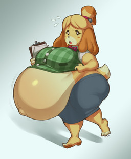 accessory anthro bell bell_accessory belly belly_overhang big_belly big_breasts big_butt black_nose black_sclera blonde_hair blue_bottomwear blue_clothing blue_skirt bodily_fluids bottomwear breasts brown_ears butt clipboard clothing dipstick_tail female green_clothing green_topwear green_vest grey_background hair hair_accessory hairband holding_clipboard holding_object huge_belly huge_breasts hyper hyper_belly hyper_pregnancy looking_at_viewer markings multicolored_body navel open_mouth outie_navel pregnant pregnant_anthro pregnant_female red_hairband red_mouth red_tongue simple_background skirt solo sweat sweatdrop tail tail_markings tan_body tan_tail_tip teeth thick_thighs tongue topwear two_tone_body vest white_eyes yellow_body yellow_tail hellbrain animal_crossing nintendo isabelle_(animal_crossing) canid canine canis domestic_dog mammal shih_tzu toy_dog 2026 absurd_res cel_shading colored digital_media_(artwork) hi_res shaded
