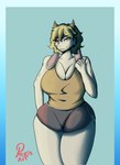 anthro blonde_hair breasts clothed clothing female fur hair horn short_hair solo standing white_body white_fur pekisart fan_character bovid bovine horned_humanoid humanoid mammal 2024 colored hi_res signature watermark