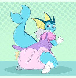 ambiguous_gender anthro big_diaper blue_body blue_tail blush blush_lines clothed clothing cute_fangs diaper dotted_background fangs feces frustrated gloves_(marking) huge_diaper kneeling leg_markings looking_back markings overalls pattern_background pink_clothing pink_diaper pink_shirt pink_topwear pooping purple_clothing purple_overalls rear_view shirt shortalls simple_background socks_(marking) soiled_diaper soiling soiling_diaper solo tail teeth topwear unclean_diaper used_diaper using_diaper wardrobe_malfunction wavy_mouth wearing_diaper white_body bubblepuppers nintendo pokemon puddles_(vaporeon) eeveelution generation_1_pokemon pokemon_(species) vaporeon absurd_res hi_res letterbox