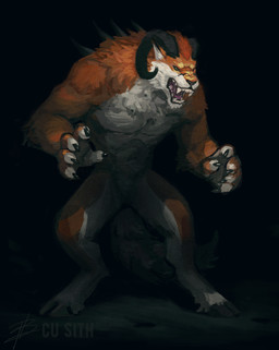 anthro biped black_background black_claws bovid_horn caprine_horn claws cloven_hooves dark fangs featureless_crotch fur hooves horn multicolored_body multicolored_fur muscular open_mouth orange_body orange_fur ram_horn sharp_teeth simple_background snarling solo standing teeth two_tone_body two_tone_fur white_body white_fur cu_sith_(artist) bovid canid canine fox hybrid mammal digital_media_(artwork) full-length_portrait hi_res portrait