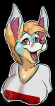 anthro banned big_breasts breasts clothed clothing female fur hair happy looking_at_viewer open_mouth simple_background smile solo text grumpy_griffin_creations cure_(character) canid canine fox mammal 2019 digital_media_(artwork) english_text hi_res