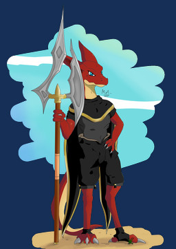 anthro cape claws clothing female melee_weapon polearm red_body scales solo spear tail weapon youmadsin mythology dragon mythological_creature mythological_scalie scalie absurd_res alpha_channel hi_res
