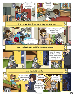 anthro bed bedroom bottomwear cheek_tuft clothed clothing detailed_background dialogue dipstick_tail duo eyewear facial_tuft feet_together footwear fully_clothed furniture gaming gloves_(marking) male markings note playing_video_game shoes speech_bubble tail tail_markings text tuft pandapaco art_(pandapaco) julio_(pandapaco) ailurid bear human mammal procyonid raccoon comic english_text hi_res