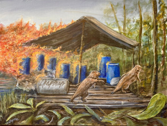 ambiguous_gender barrel brown_body brown_fur diegetic_signature duo feral fire forest fur hut leaf outside plant quadruped running sky standing text tree travis_chapman capybara caviid mammal rodent acrylic_painting_(artwork) artist_name hi_res painting_(artwork) traditional_media_(artwork) traditional_painting_(artwork)