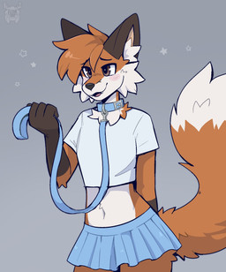 4_fingers anthro blue_bottomwear blue_clothing blue_collar blue_leash blue_skirt blush bottomwear brown_eyes brown_markings cheek_tuft clothed clothing collar crossdressing dipstick_tail facial_tuft fangs femboy fingers fur hair holding_leash holding_object inner_ear_fluff leash leashed_collar male markings midriff miniskirt navel open_mouth orange_body orange_fur orange_hair shirt short_hair simple_background skirt solo tail tail_markings teeth topwear tuft white_body white_clothing white_fur white_shirt white_topwear fleurfurr canid canine fox mammal red_fox true_fox cel_shading colored colored_sketch digital_drawing_(artwork) digital_media_(artwork) hi_res shaded sketch