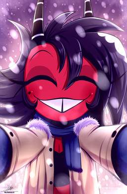 arms_outstretched black_hair breasts buckteeth cleavage clothed clothing coat eyelashes eyes_closed female hair horn hugging_viewer long_eyelashes markings mole_(marking) not_furry open_clothing open_coat open_topwear outside red_body red_skin scarf smile snow snowing solo teeth tooth_gap topwear winter_clothing winter_coat the-butcher-x hellaverse helluva_boss millie_(helluva_boss) demon horned_humanoid humanoid imp 2023 half-length_portrait hi_res portrait