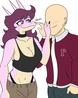 anthro bald big_breasts black_clothing black_crop_top black_eyeshadow black_shirt black_thong black_topwear black_underwear blush boop bottomwear breasts brown_bottomwear brown_clothing brown_pants choker claws cleavage clothed clothing crop_top denim denim_bottomwear denim_clothing duo eyelashes eyeshadow female finger_claws hair head_spikes jacket jeans jewelry letterman_jacket light-skinned_male light_body light_skin long_hair makeup male male/female midriff multicolored_body multicolored_scales necklace nose_boop pants pink_body pink_eyes pink_scales purple_hair scales shirt side_boob simple_background smile snout spikes spikes_(anatomy) tan_body tan_scales thong thong_straps topwear two_tone_body two_tone_scales underwear white_background arsenic_iii cavemanon_studios snoot_game anon_(snoot_game) chelsea_(arsenic_iii) fan_character aquilops ceratopsian dinosaur human mammal ornithischian prehistoric_species reptile scalie 2024 digital_drawing_(artwork) digital_media_(artwork) hi_res