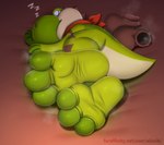 3_toes anthro bodily_fluids feet foot_fetish foot_focus male musk sleeping soles solo sweat sweaty_feet text toes aliscik mario_bros nintendo nathan_(yoshi) green_yoshi yoshi hi_res url