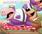 anal anthro balls black_nose brown_body clothing cutaway detailed_background duo erection eyes_closed genitals hat headgear headwear male male/male necktie oral outside penis purple_body rimming sex text leothelionel hanna-barbera jellystone_(hbo_max) the_peter_potamus_show yogi_bear peter_potamus yogi_bear_(character) bear mammal 2023 5:4 english_text hi_res