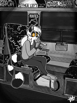 ambiguous_gender animated_background anthro bottomwear bus clothed clothing commercial_vehicle duffel_bag hair heterochromia inside jacket mostly_monochrome pants shirt sitting slice_of_life snout solo taking_notes topwear vehicle white_hair yellow_eyes brutalmoose_(artist) lemur mammal primate strepsirrhine absurd_res animated hi_res
