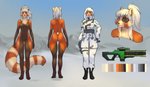 anthro beam_rifle belt biped black_boots black_clothing black_footwear blue_eyes boots breasts brown_body brown_countershading brown_fur brown_nose butt clothed clothing color_swatch countershade_neck countershade_torso countershading featureless_breasts featureless_crotch feet female footwear front_view fully_clothed fur gloves gun hair hand_on_hip handwear hindpaw looking_at_viewer markings military military_uniform multicolored_body multicolored_fur nude off/on orange_body orange_fur orange_tail paws ponytail ranged_weapon rear_view reverse_countershading ring_(marking) ringed_tail shoes smile soldier solo standing striped_markings striped_tail stripes super_soldier tail tail_markings tan_body tan_countershading tan_fur tan_tail two_tone_tail uniform visor warrior weapon white_hair winter_camo aestaroth merime nava_(hunterx90) ailurid mammal red_panda absurd_res headshot_portrait hi_res model_sheet portrait