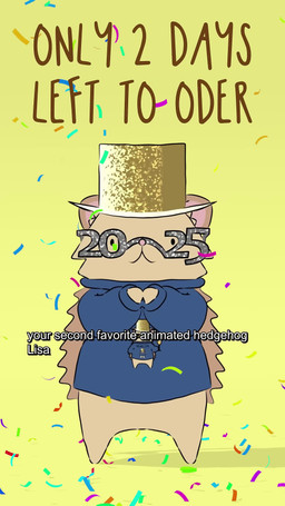 advertisement anthro clothed clothed_anthro clothing confetti dot_eyes eyewear female female_anthro gesture glasses hand_on_chest hand_on_head hand_on_own_chest hat headgear headwear holidays humming new_year_glasses non-verbal novelty_glasses pink_nose print_clothing print_topwear quills_(anatomy) simple_background simple_eyes sweater tan_body text top_hat topwear waving waving_at_viewer waving_hand yellow_background natural_habitok natural_habitat_shorts new_year new_year_2025 lisa_(natural_habitok) 2025 animated english_text hi_res long_playtime subtitled