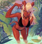 big_breasts bikini black_bikini black_clothing black_swimwear blonde_hair breasts choker clothing eyebrows eyelashes female flower glistening glistening_body glistening_breasts glistening_skin green_eyes hair hand_on_knee hand_on_leg horn humanoid_pointy_ears jewelry leaning leaning_forward lily_pad looking_at_viewer navel necklace not_furry plant pointy_ears red_body red_skin solo swimwear two-piece_swimsuit water wet notaudri blizzard_entertainment warcraft draenei humanoid 2024 absurd_res hi_res