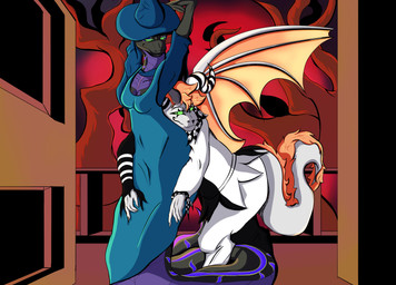 anthro apode black_body black_scales blue_costume clothing costume duo female fur green_sclera grey_body grey_fur hair hat headgear headwear holidays horn hug hugging_another jester_outfit legless looking_at_another male orange_hair orange_wings plant purple_body purple_scales raised_arms scales serpentine simple_background thomas_lipsen tree wings witch_costume witch_hat tobiasnana halloween mythology melissa_(tobiasnana) draconcopode dragon mythological_creature mythological_scalie naga python reptile scalie snake hi_res