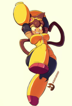 anthro arm_cannon big_breasts biped black_clothing blush breasts brown_ears brown_hair brown_tail clothed clothed_anthro clothed_female clothing female female_anthro hair nipple_outline open_mouth red_eyes solo tail teeth thick_thighs tongue weapon_arm whiskers white_clothing wide_hips yellow_clothing yellow_sclera jackudoggystyle gameoverse glitch_productions kit_bodega domestic_cat felid feline felis mammal 2026 absurd_res hi_res
