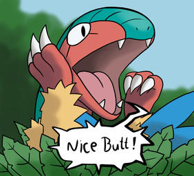 3_claws ambiguous_form ambiguous_gender black_text blurred_background claws dialogue exclamation_point fangs finger_claws fur humor iris leaf no_sclera open_mouth outside parody pink_tongue plant pupils red_body shrub solo speech_bubble teal_body teeth text tongue white_claws white_eyes white_speech_bubble yelling yellow_body yellow_fur 4chan_anon unknown_artist nintendo pokemon archeops fossil_pokemon generation_5_pokemon pokemon_(species) 2024 digital_drawing_(artwork) digital_media_(artwork) english_text hi_res reaction_image redraw shaded
