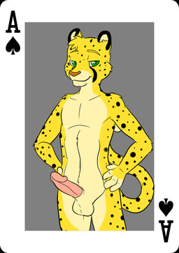 4_fingers ace_of_spades anthro arm_tuft arms_bent arms_by_side athletic athletic_anthro athletic_male balls bedroom_eyes belly black_body black_fur black_spots black_tail blonde_eyebrows border card card_template casual_erection cheek_tuft countershade_torso countershading crotch_lines elbow_tuft erection eyebrows eyelashes facial_tuft fingerless_(marking) fingers front_view fur fur_tuft genitals glans glistening glistening_eyes green_eyes grey_background half-closed_eyes hands_on_hips hands_on_own_hips head_tuft holding_hips inner_ear_fluff long_tail looking_at_viewer looking_forward male markings multicolored_body multicolored_fur multicolored_tail narrowed_eyes navel nude orange_nose pecs penis pink_glans pink_penis playing_card playing_card_template pose round_ears seductive shoulder_tuft simple_background slim smile snout solo spades_(suit) spots spotted_body spotted_fur spotted_markings spotted_tail standing suit_symbol tail tail_markings tan_balls tan_belly tan_body tan_countershading tan_fur tan_tail tuft white_border yellow_body yellow_fur yellow_tail metal_(artist) zach_(gamerfox) cheetah felid feline mammal digital_media_(artwork) pinup portrait three-quarter_portrait