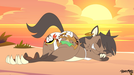 anthro beach big_butt bikini black_hair brown_body brown_fur butt clothing female flattened fur group hair lying male on_front outside sea sunset swimwear trio two-piece_swimsuit water potateymatey leena_(potateymatey) marley_(potateymatey) arthropod crab crustacean decapod herpestid hyena malacostracan mammal meerkat spotted_hyena 2024 hi_res